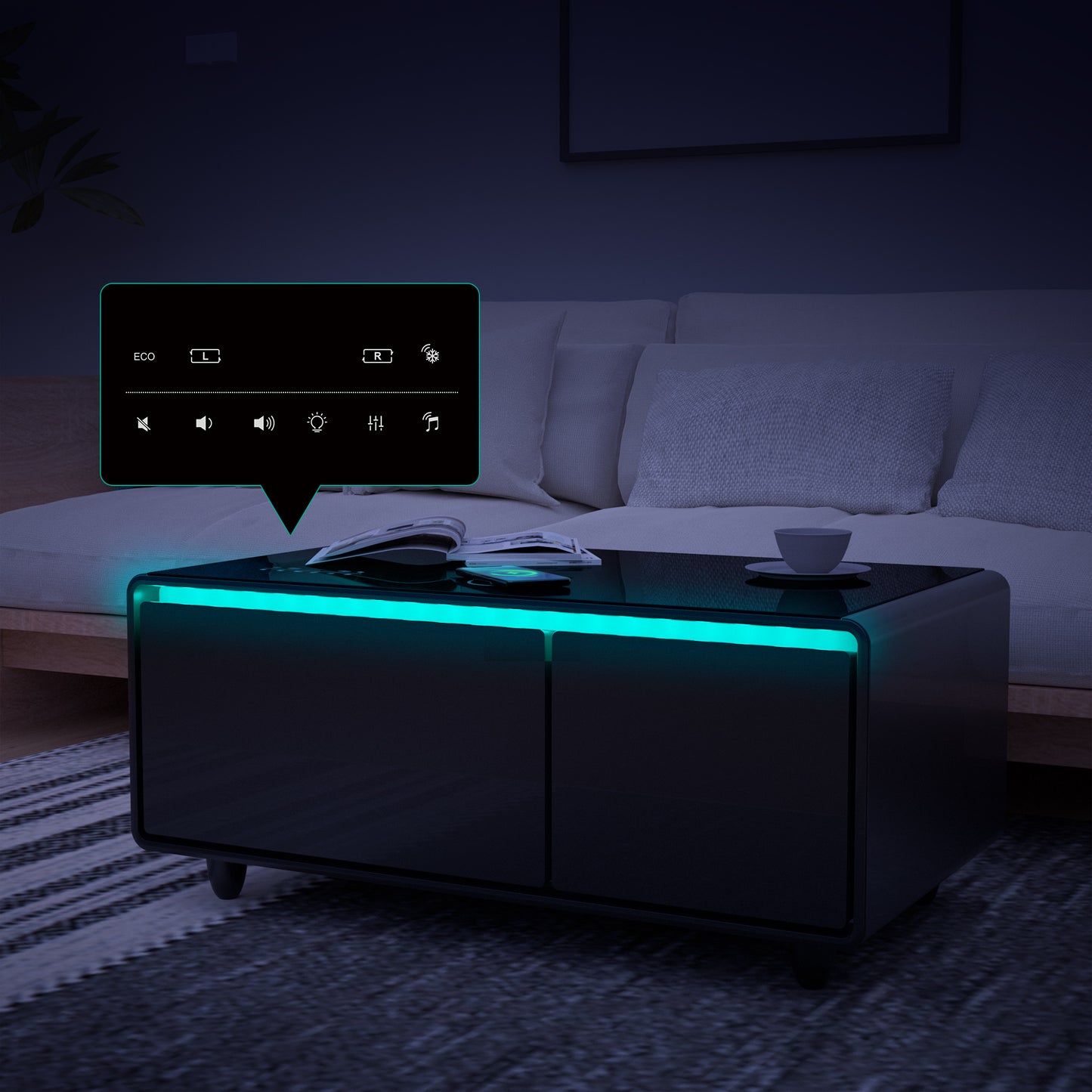 Modern Smart Coffee Table with Built-In Fridge, Bluetooth Speaker, Wireless Charging, and Touch Control Panel, Black