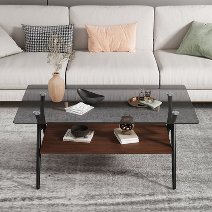 Rectangle Coffee Table with Tempered Glass Top and Brown MDF Shelf, Modern Design for Living Rooms, Gray Glass