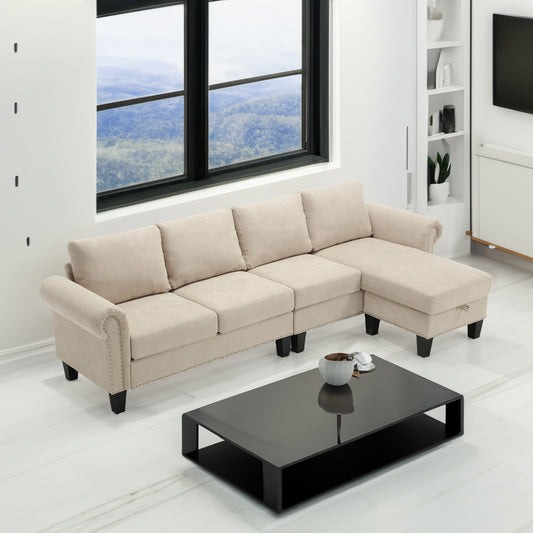 Convertible Sectional Sofa with Storage, L-Shaped Four-Seater Design in Modern Linen Fabric, Beige