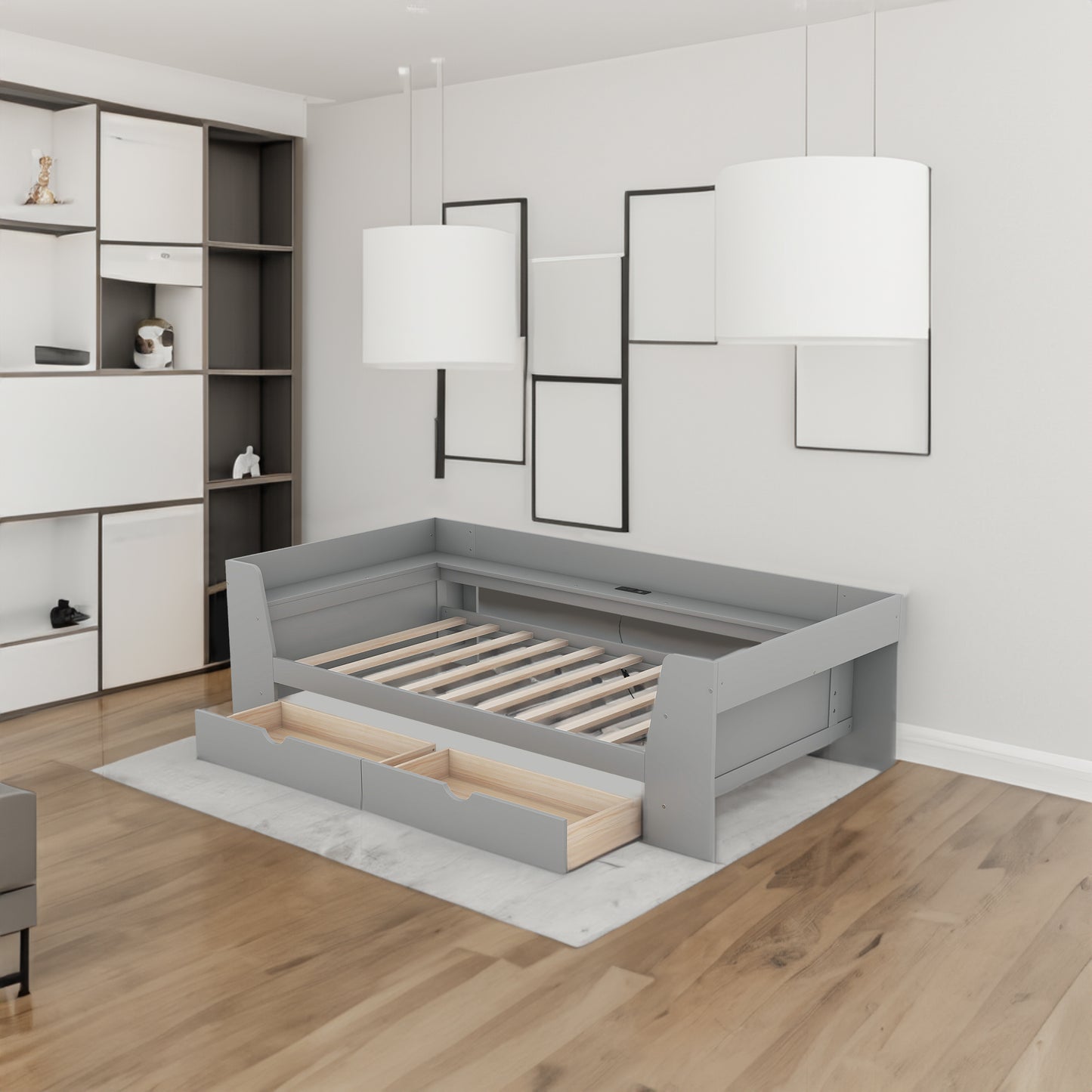 Twin Size Daybed with Shelves, Drawers and Built-In Charging Station, Gray