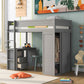 Wood Twin Size Loft Bed with Wardrobes and 2-Drawer Desk with Cabinet Gray