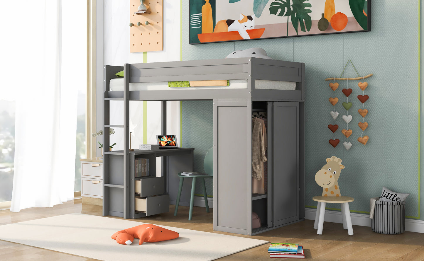 Wood Twin Size Loft Bed with Wardrobes and 2-Drawer Desk with Cabinet Gray