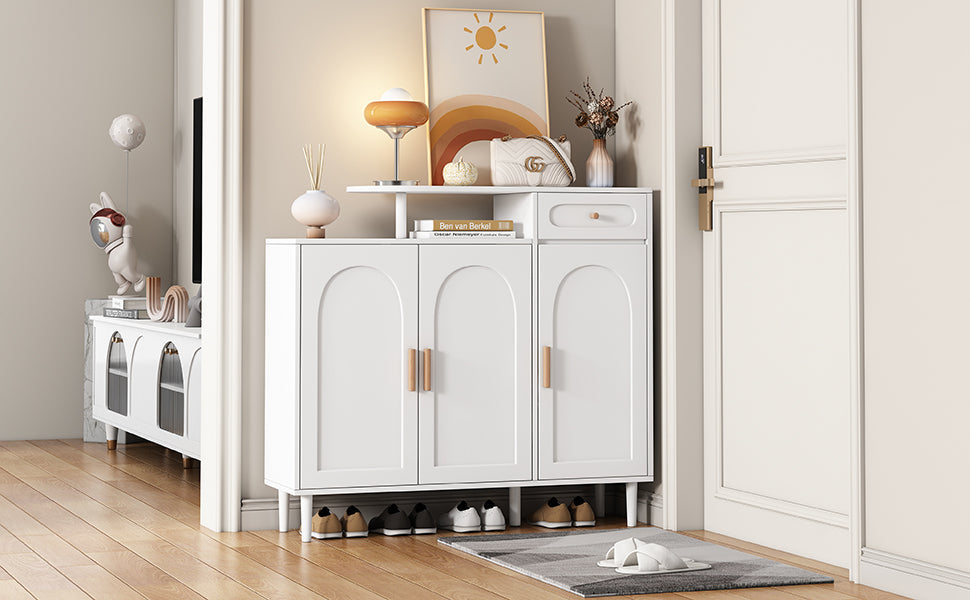 ON-TRANS Elegant Shoe Cabinet with Arched Doors and Drawers, Storage Side Panels, Adjustable Shelves and Solid Wood Legs, White