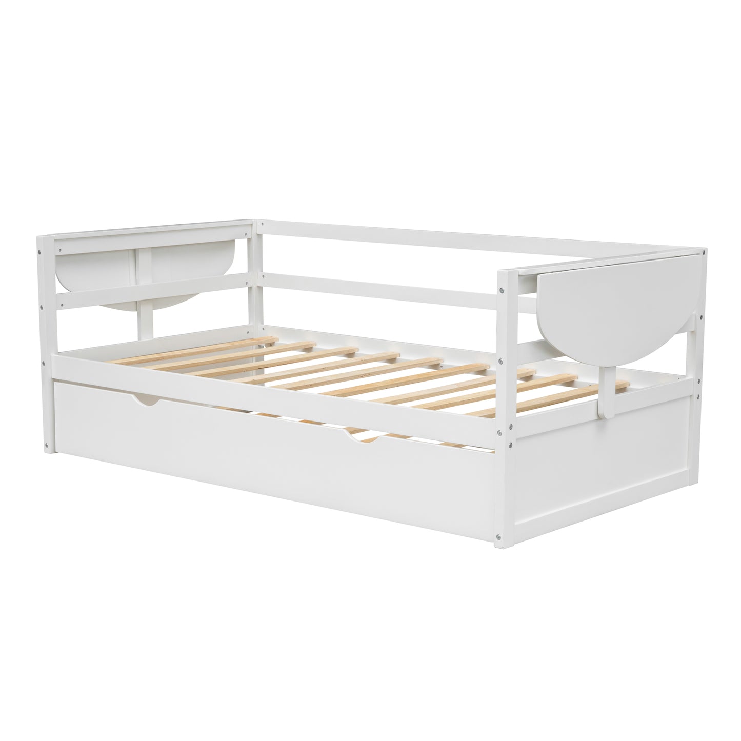 win Size Daybed with Trundle and Foldable Shelves on Both Sides White