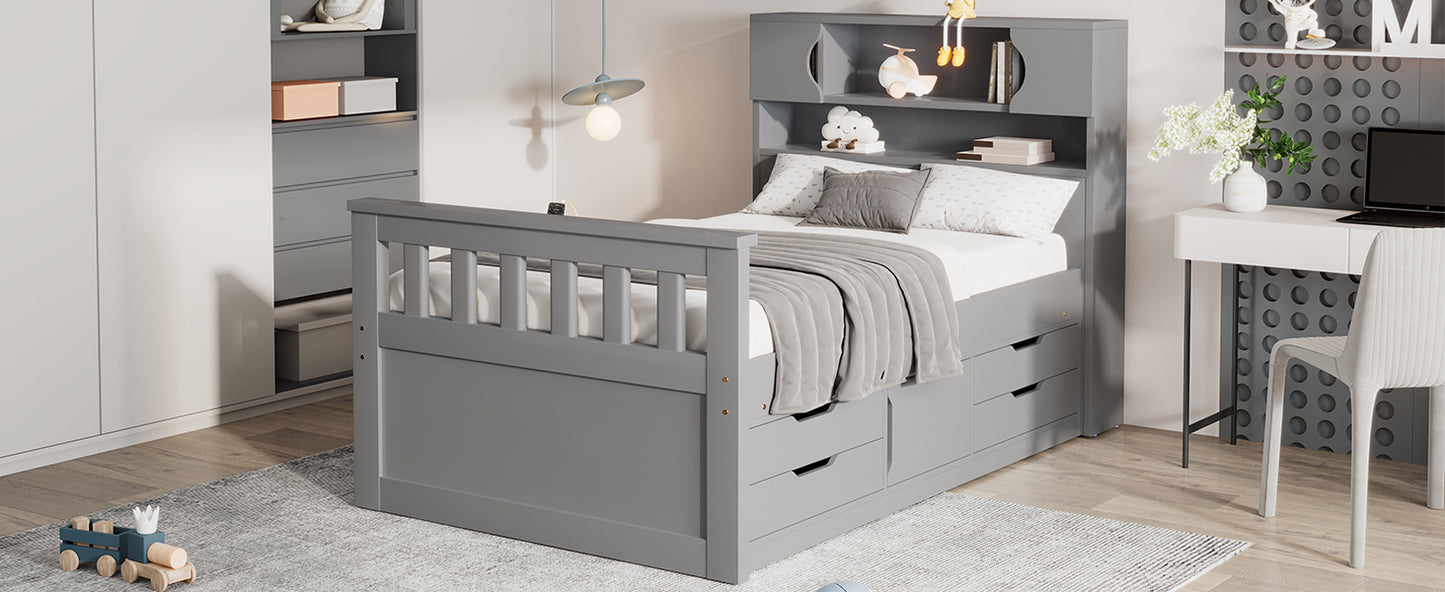 Twin Size Captain Platform Bed Frame with Storage Bookcases and Shelves,Four Drawers, Gray