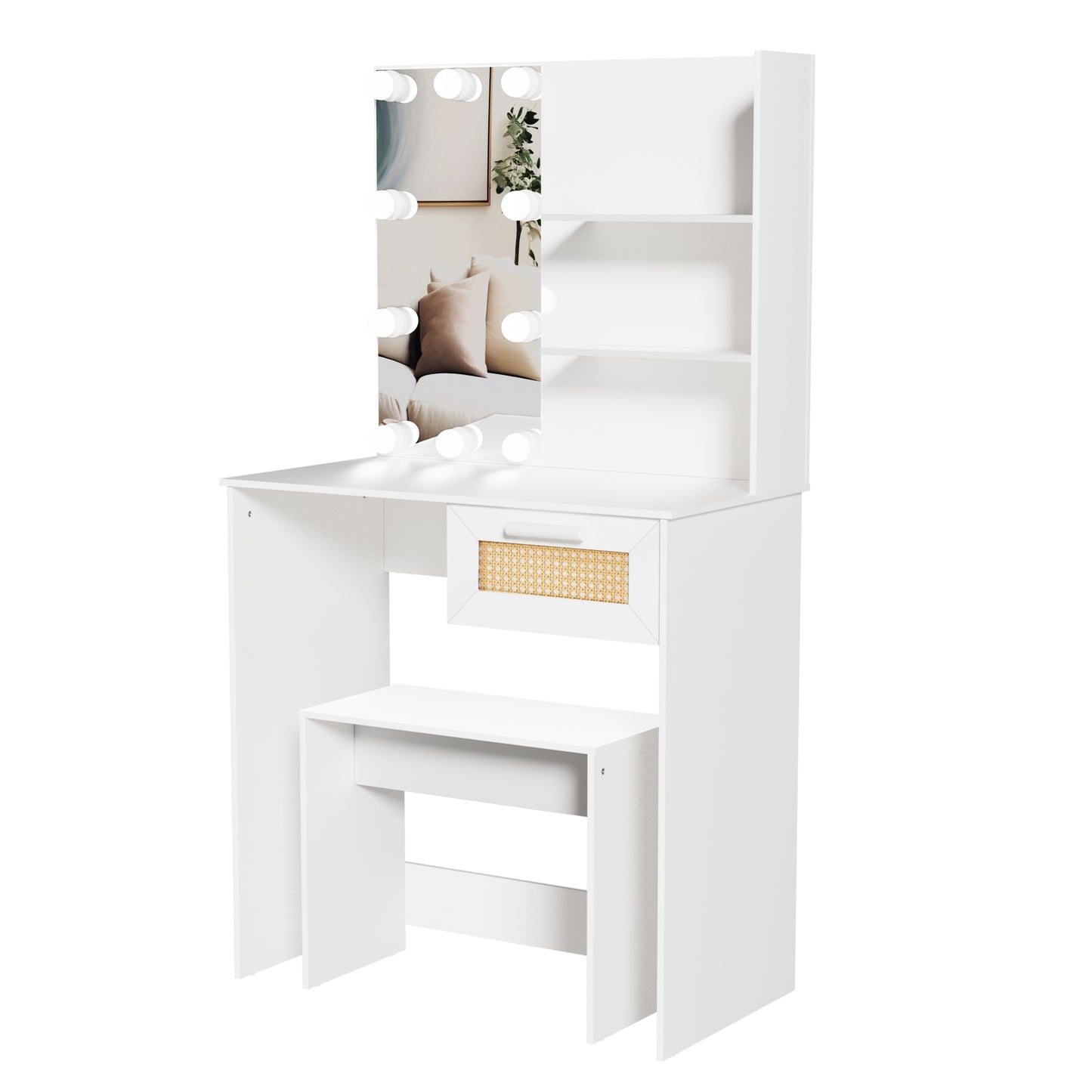 Vanity Desk Set Stool & Dressing Table with LED Lighting Mirror Drawer and Wood Cosmetic Table Chest of Drawers White Color