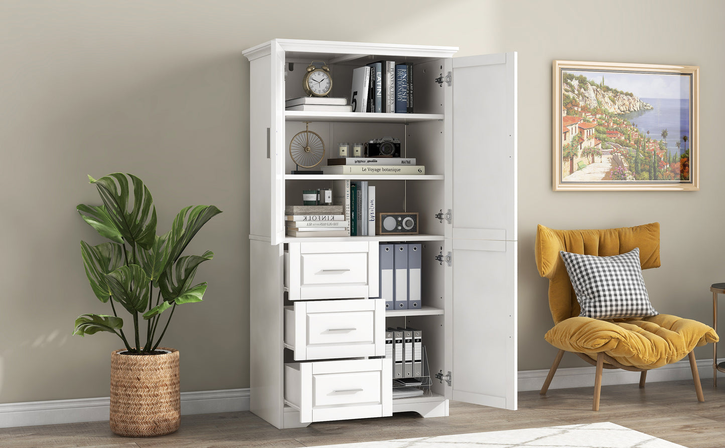 Tall and Wide Storage Cabinet with Doors, Three Drawers for Bathrooms and Offices, White Finish