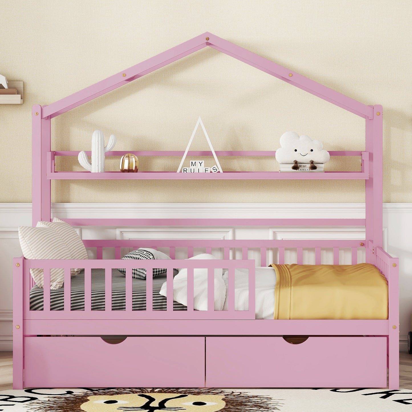 Wooden Full Size House Bed with 2 Drawers Kids Bed with Storage Shelf Pink