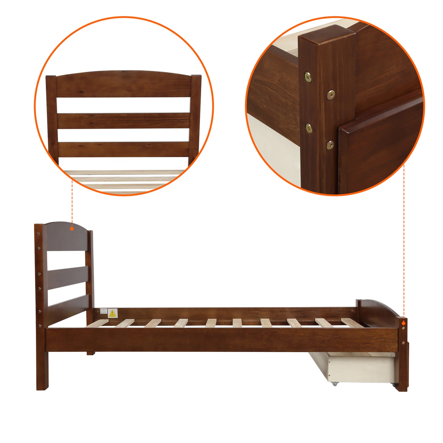 Platform Twin Bed Frame with Storage Drawer and Wood Slat Support No Box Spring Needed Walnut