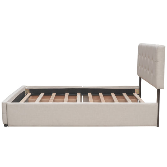 Upholstered Platform Bed with 2 Drawers and 1 Twin XL Trundle Linen Fabric Queen Size - Dark Beige