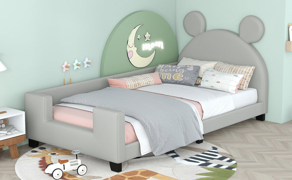 Twin Size Upholstered Daybed with Carton Ears Shaped Headboard  Grey