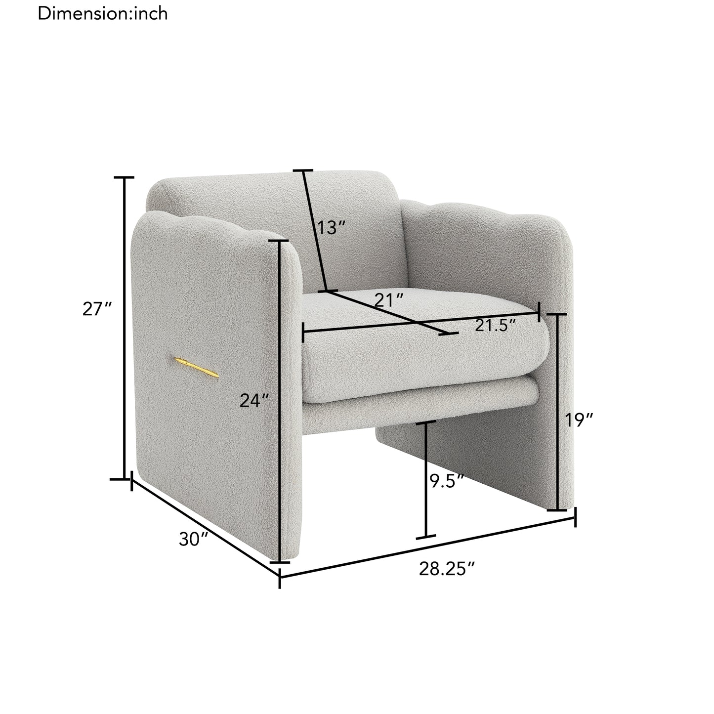 Armchair with wavy armrests, metal decorations on both sides of the armrests, made of Teddy cloth, light gray