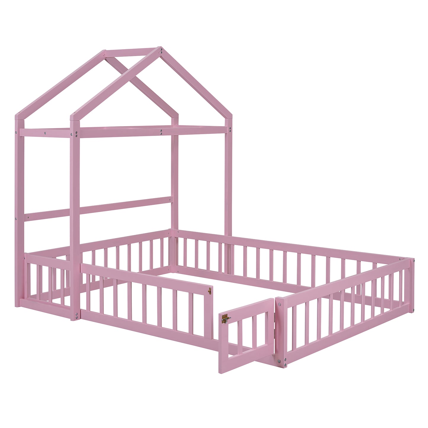 Wooden Full Size Children's Bed with Detachable Headboard and Integrated Clothes Drying Rack, Pink