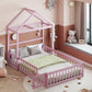 Wooden Full Size Children's Bed with Detachable Headboard and Integrated Clothes Drying Rack, Pink