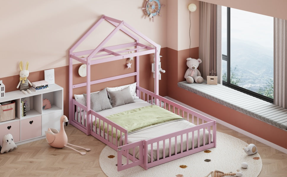 Wooden Full Size Children's Bed with Detachable Headboard and Integrated Clothes Drying Rack, Pink