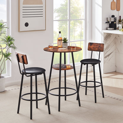 Round bar stool set with shelf upholstered stool with backrest Rustic Brown 23.62'' W x 23.62'' D x 35.43'' H