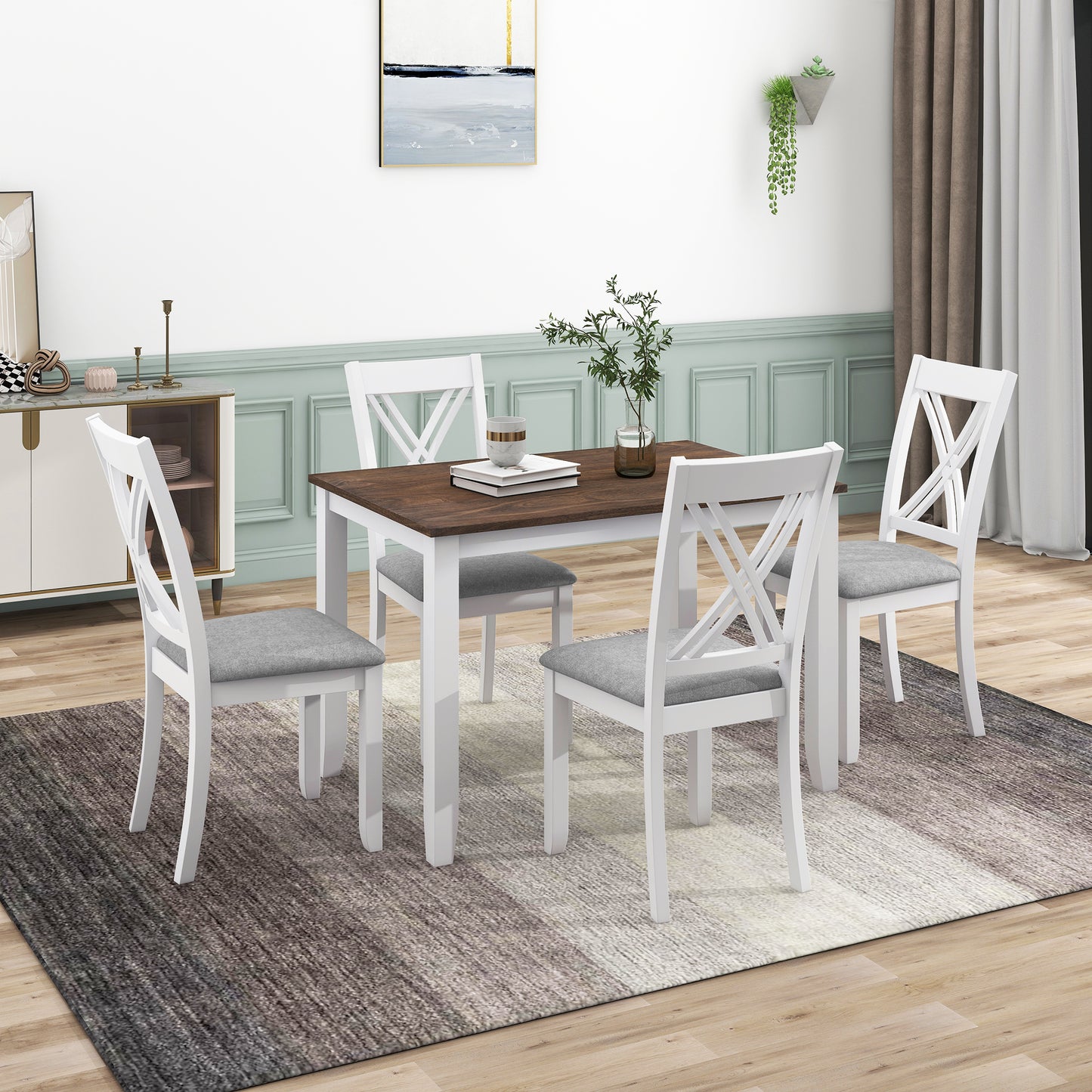 Juego de mesa de comedor de madera rústica minimalista de 5 piezas TOPMAX con 4 sillas con respaldo en X, acabado blanco