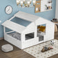 Wood Full Size House Bed with Roof, Window and Guardrail White