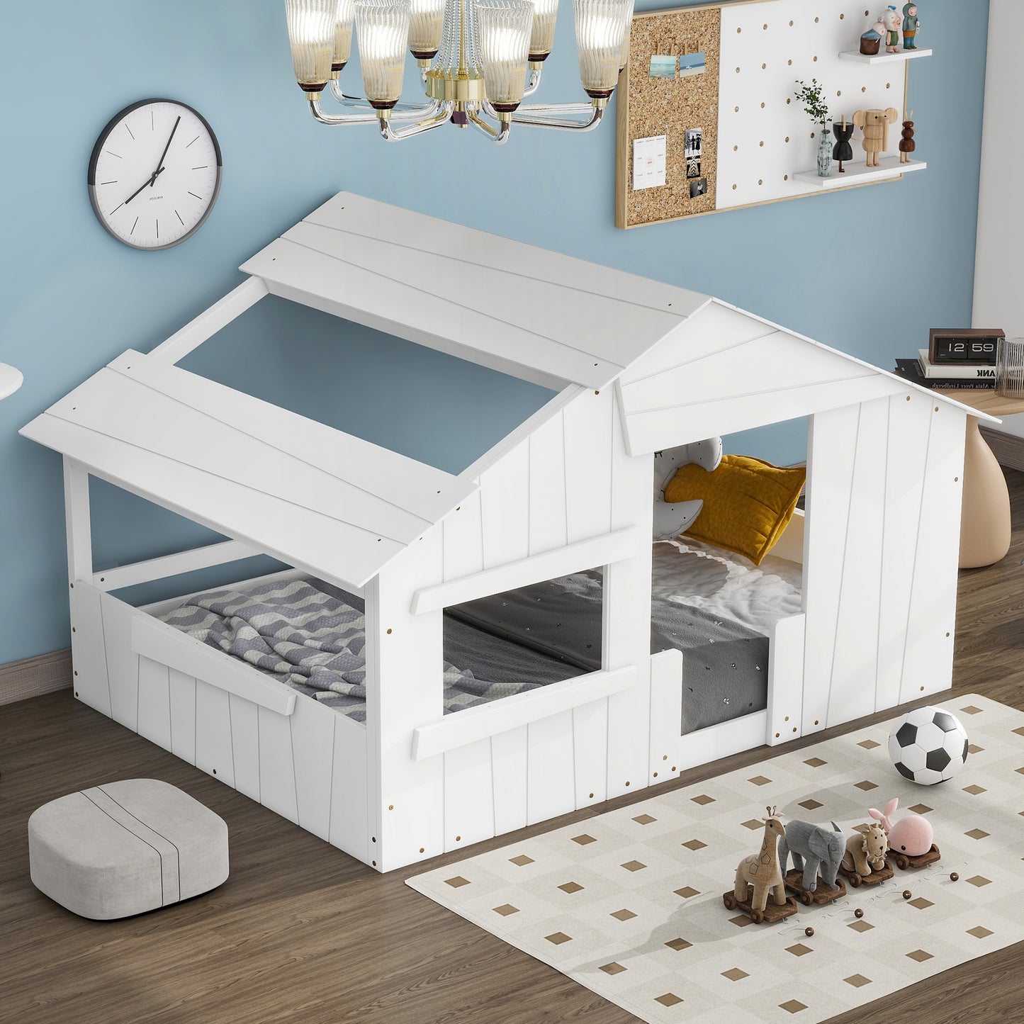 Wood Full Size House Bed with Roof, Window and Guardrail White