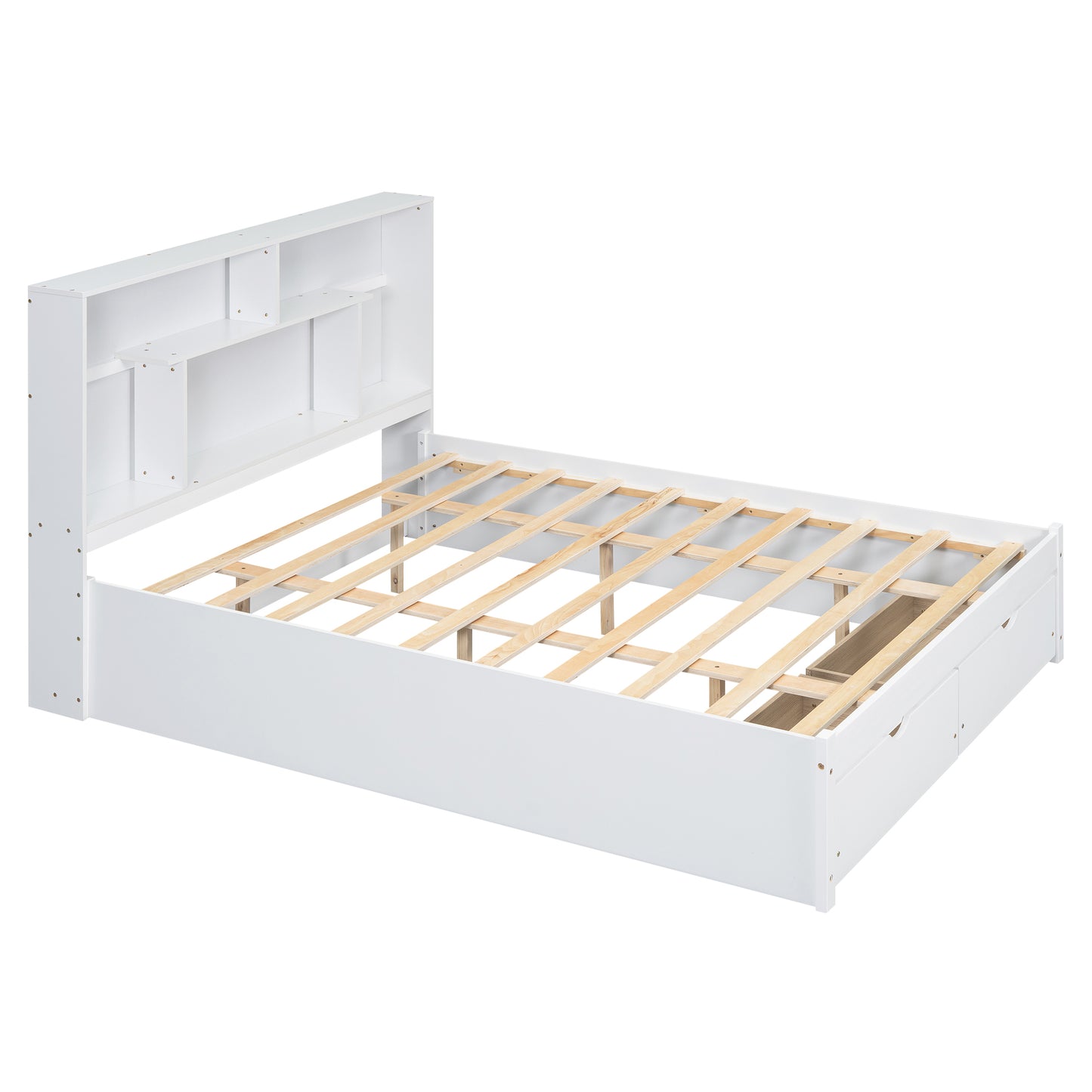 Queen Size Platform Bed with Storage Headboard and 2 Drawers, White