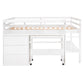 Full Size Low Loft Bed with Rolling Portable Desk, Drawers and Shelves, White