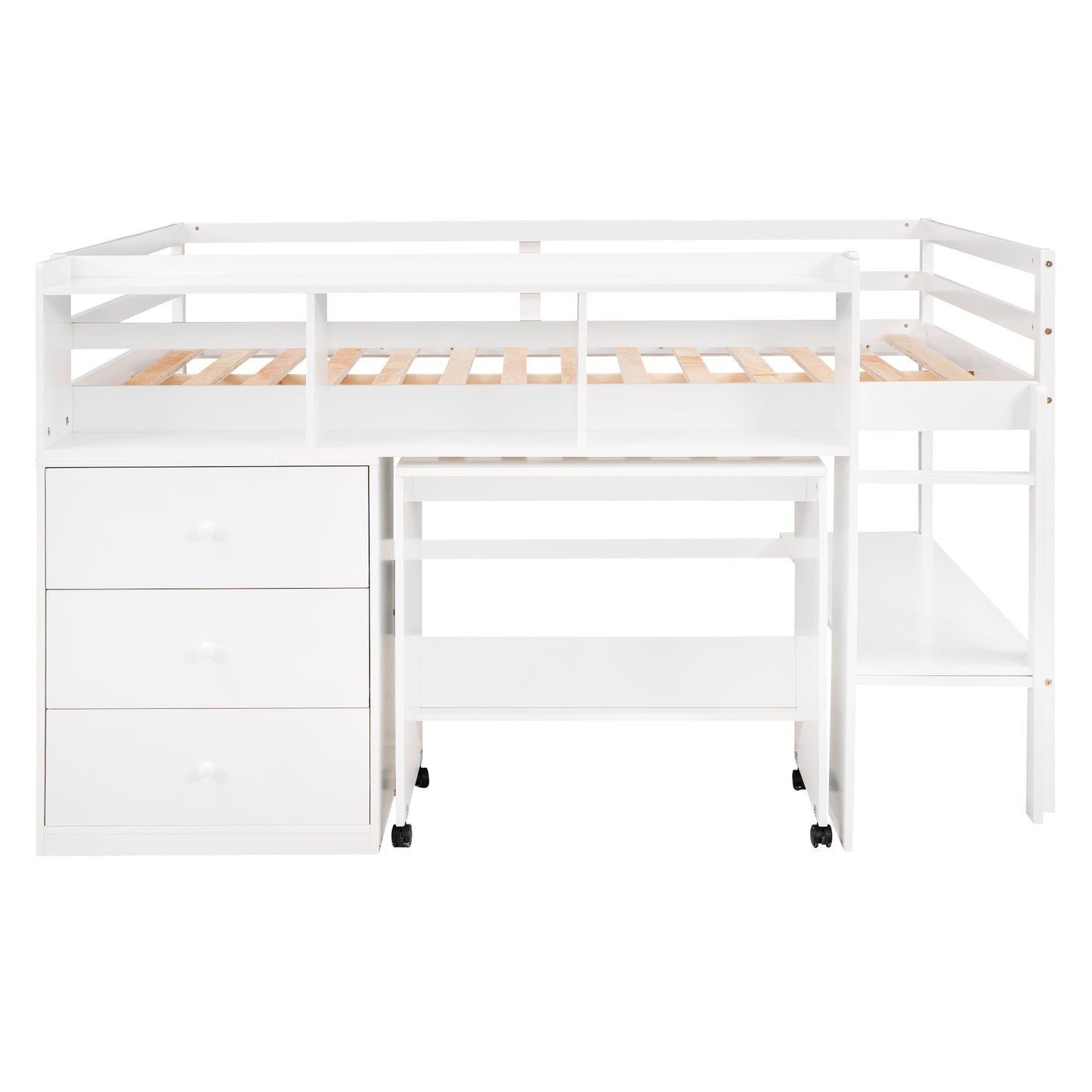 Full Size Low Loft Bed with Rolling Portable Desk, Drawers and Shelves, White