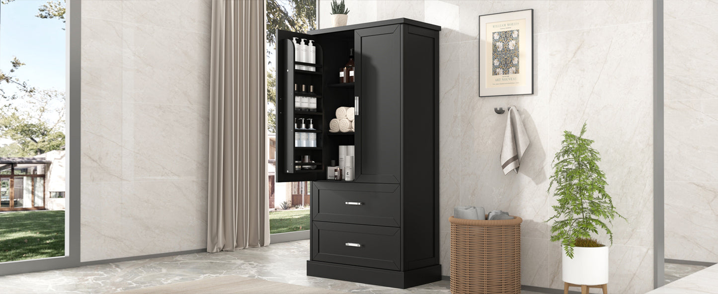 Mueble de baño alto con dos puertas y cajones, estante ajustable, tablero MDF, color negro