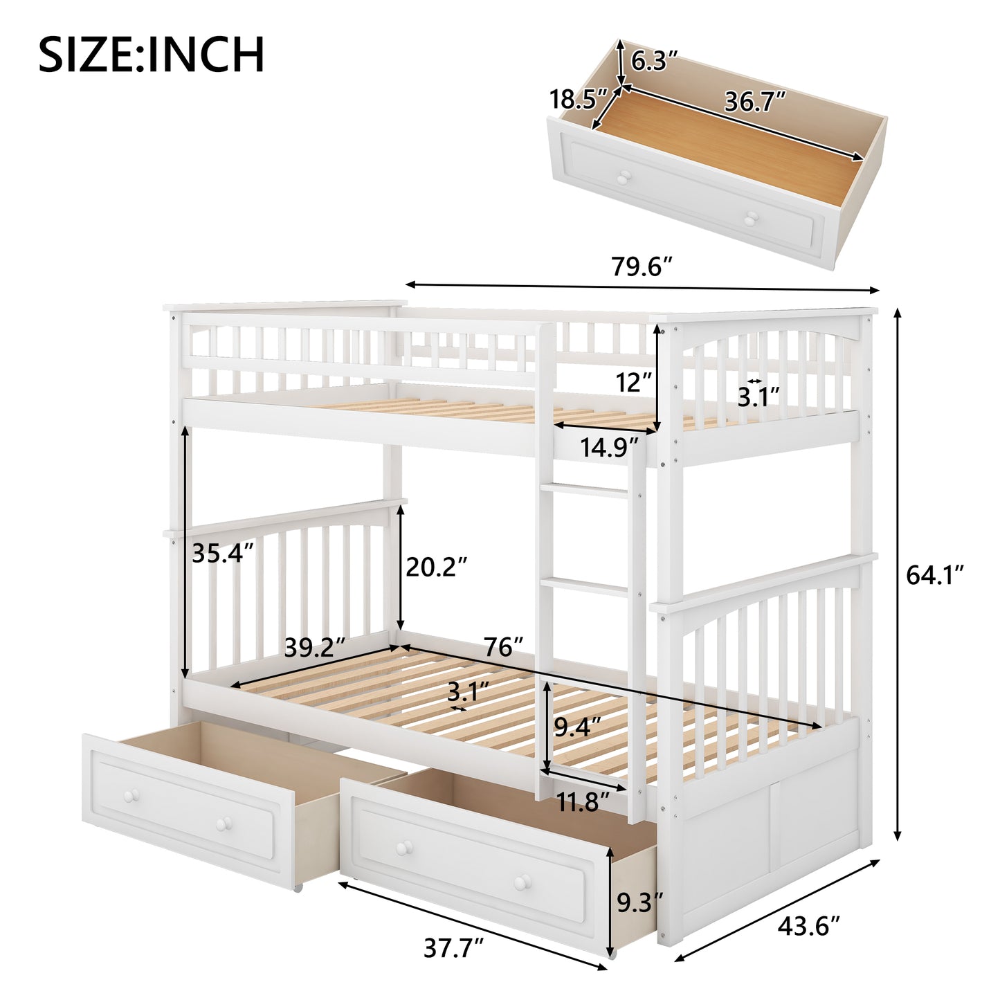 Twin over Twin Bunk Bed with Drawers  Convertible Beds  White