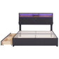 Queen Size Upholstered Platform Bed with Storage Headboard, LED Lights, USB Charging, and 2 Drawers, Dark Gray