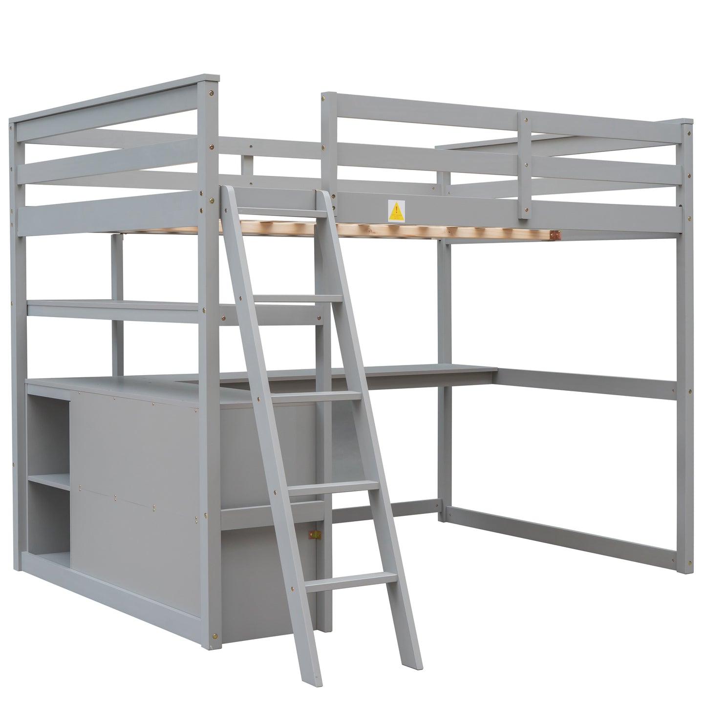 Full Size Loft Bed with Desk and Shelves,Two Built-in Drawers Gray