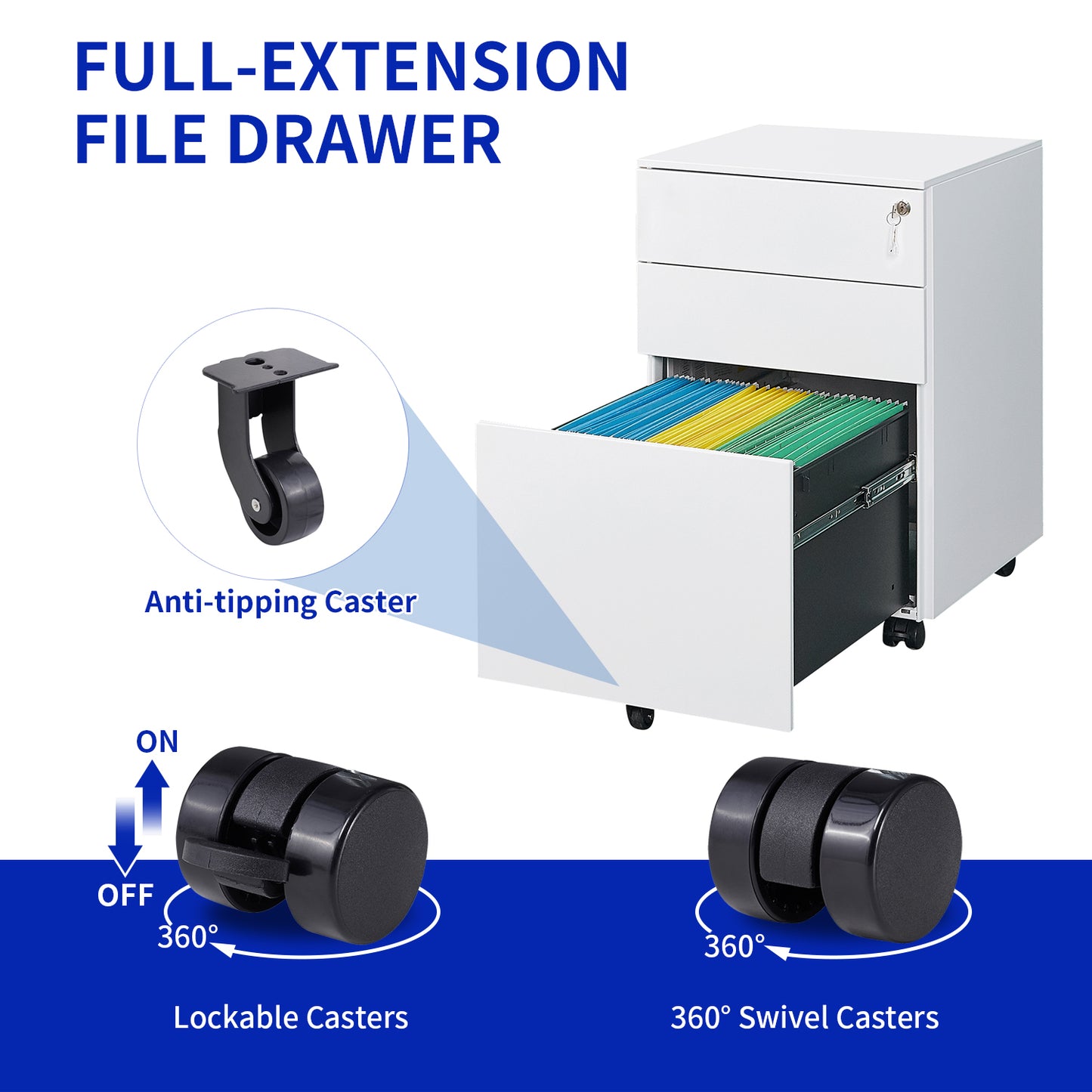 3 Drawer Mobile File Cabinet with Lock Steel File Cabinet for Legal/Letter/A4/F4 Size Fully Assembled Include Wheels