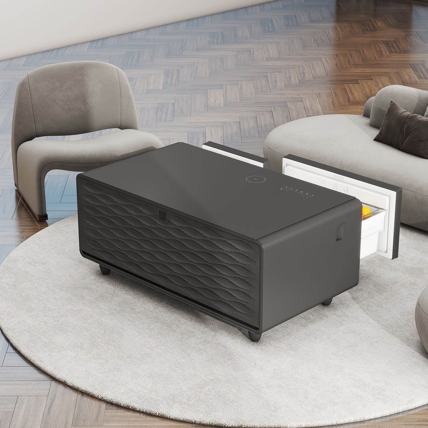 Modern Smart Coffee Table with Built-In Fridge, Bluetooth Speaker, Wireless Charging, and Touch Control Panel, Black