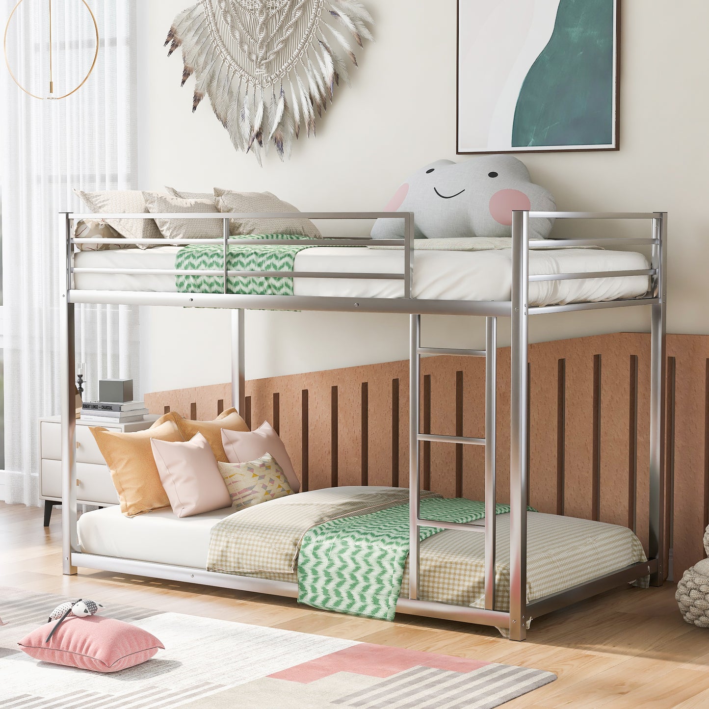 Twin over Twin Metal Bunk Bed, Low Bunk Bed with Ladder Silver