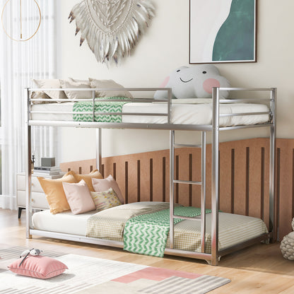 Twin over Twin Metal Bunk Bed, Low Bunk Bed with Ladder Silver