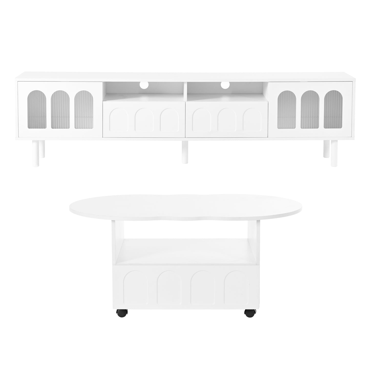 Two sets of ON-TRANS cream style TV stands and coffee tables, suitable for TVs under 80 inches, white