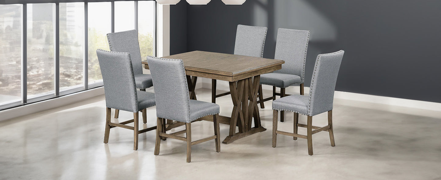 TOPMAX Mid-Century Solid Wood 7-Piece Expandable Dining Table Set with Soft Cushioned Chairs, Gold Brown and Gray