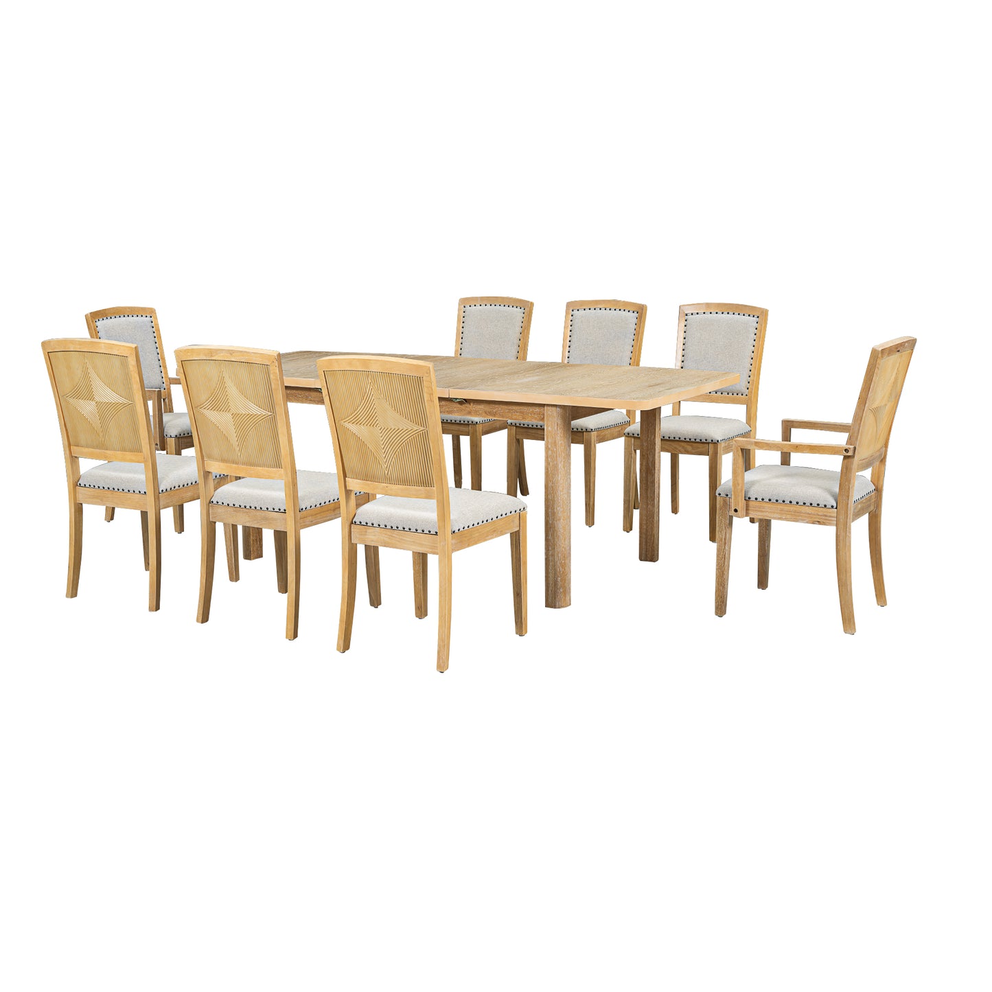 TOPMAX Expandable 84-Inch Dining Table Set with 24" Detachable Leaves, 6 Armless Chairs, and 2 Armchairs, Natural Finish