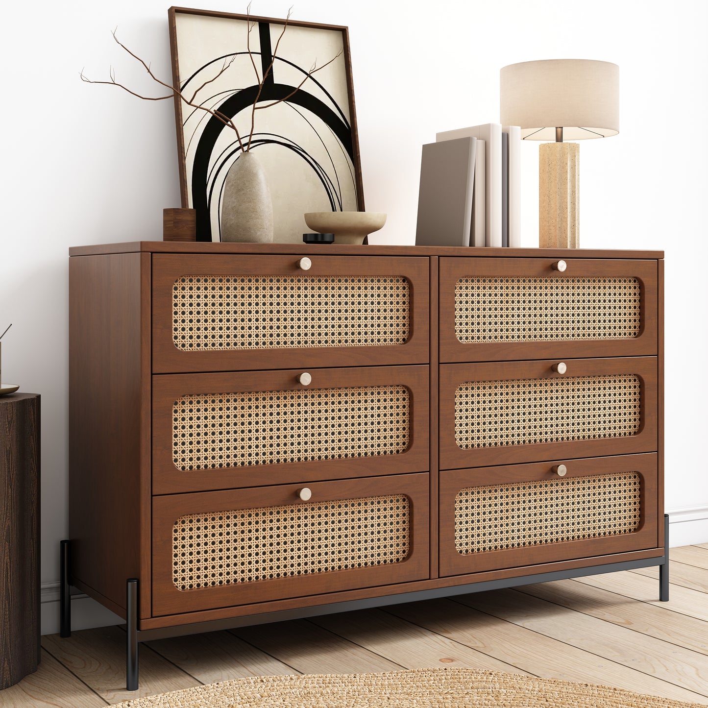 Modern Hemp Vine Wood Closet with 6 Drawers, Dressing Table, and Walnut Wood Side Panel