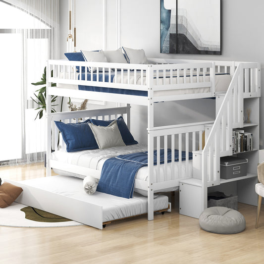 Full over Full Bunk Bed with Trundle and Staircase, White Finish for Spacious Bedrooms