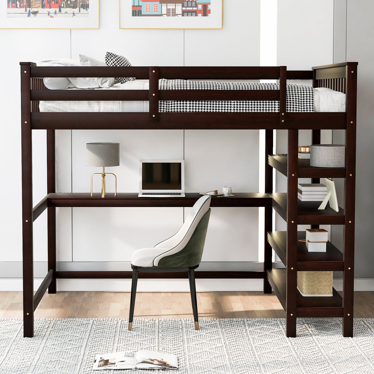 Full Size Loft Bed with Storage Shelves and Under-bed Desk  Espresso