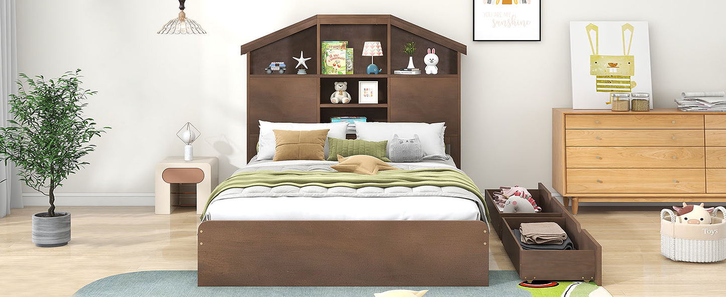 Full Size Wood Platform Bed with House-shaped Storage Headboard and 2 Drawers Walnut