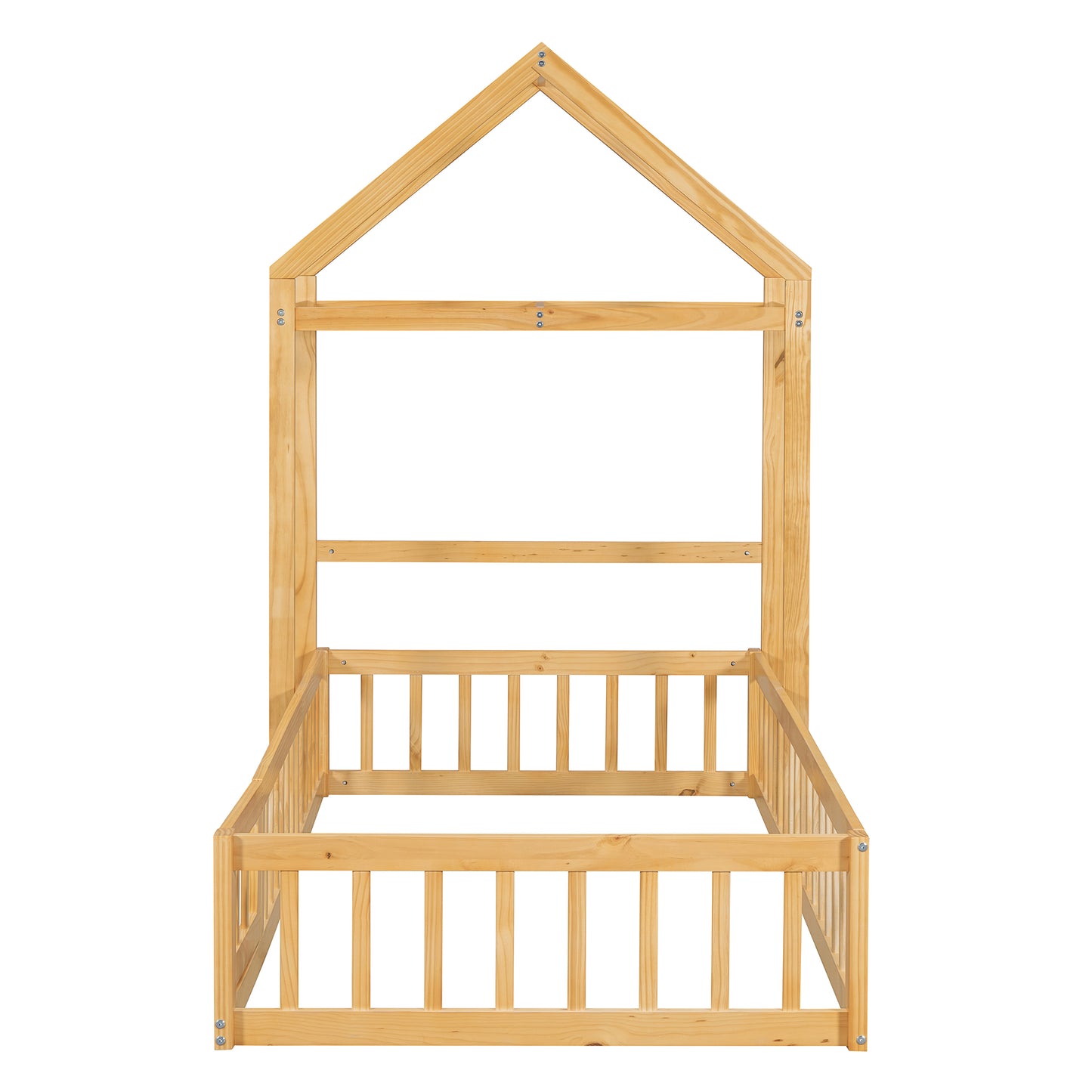 Wooden Twin Size Children's Bed with Detachable Headboard and Integrated Clothes Drying Rack, Natural