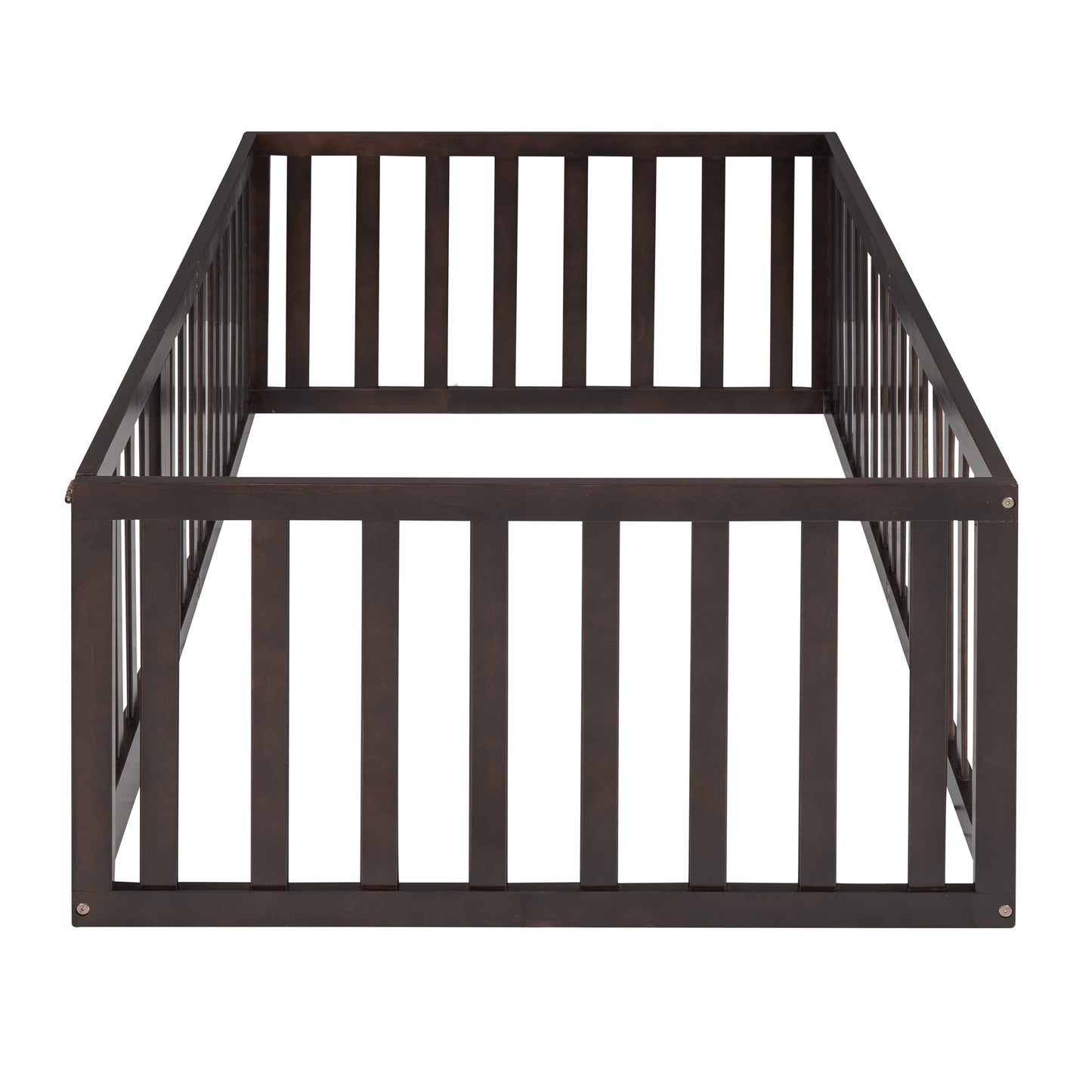 Twin Size Wood Floor Bed Frame with Fence and Door Walnut(OLD SKU :WF289661AAL)