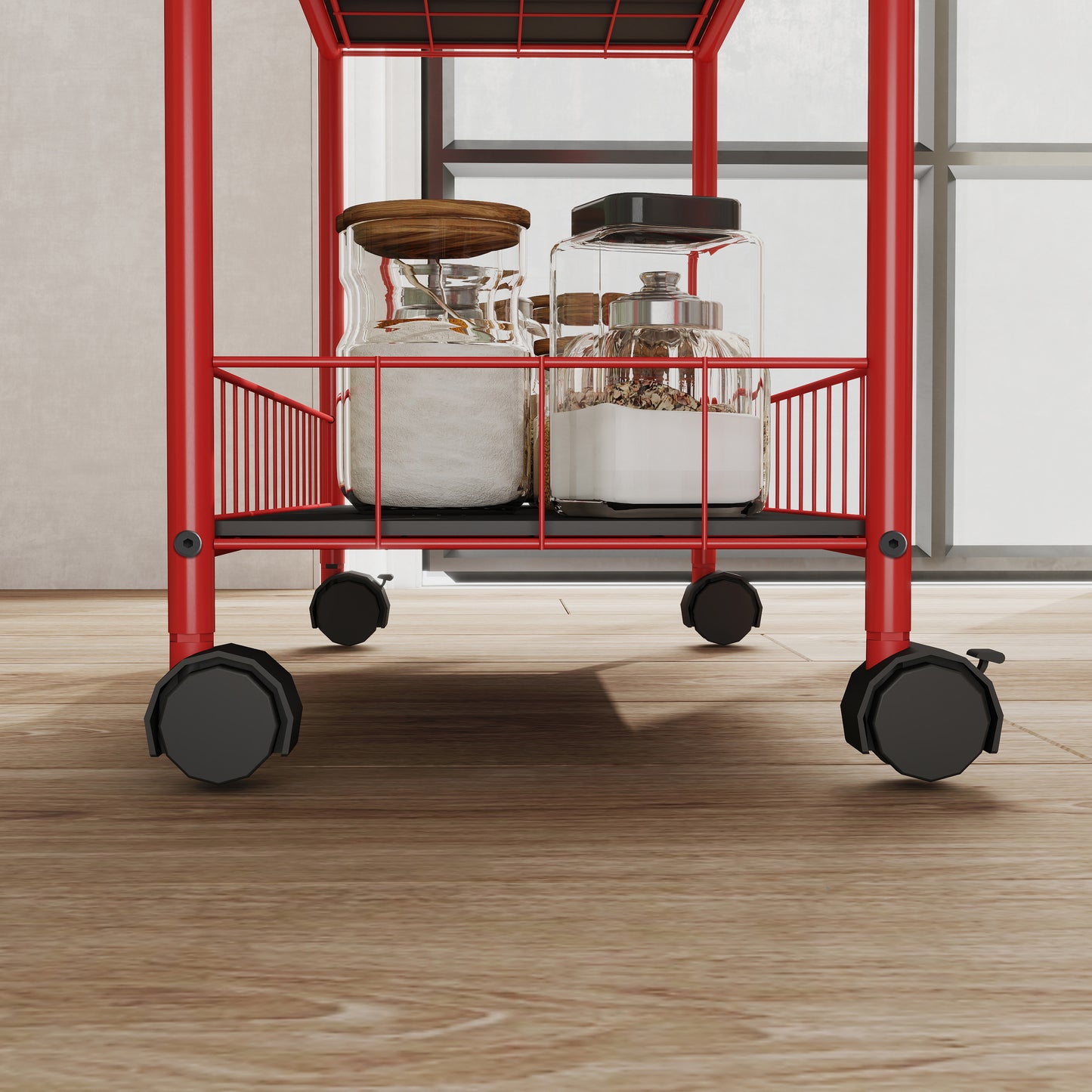 Red 6-story ultra-thin rolling storage cart, mobile shelves with wheels, metal wire storage rack with baskets