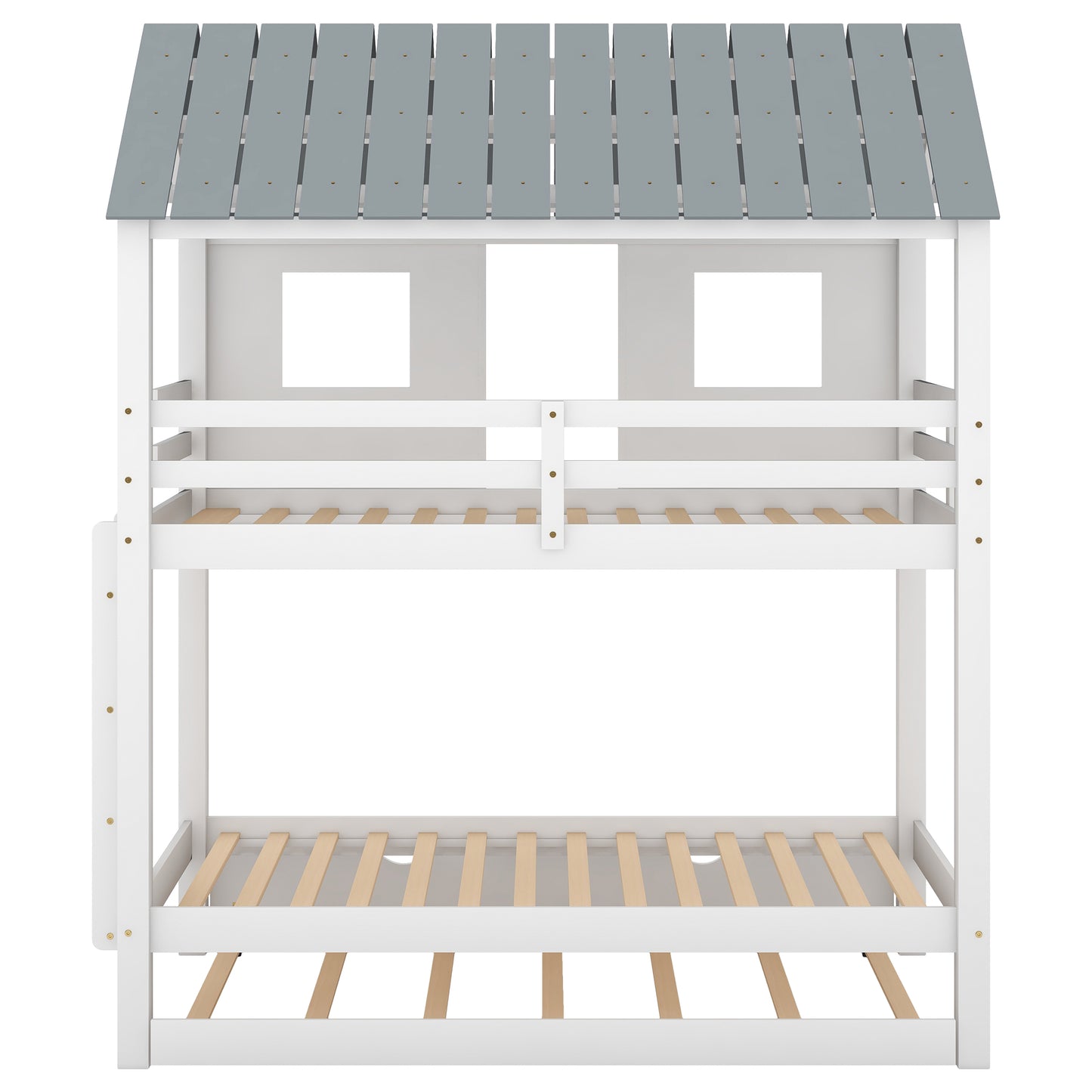 House Bunk Bed with Trundle,Roof and Windows White