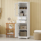 High bathroom storage cabinet with glass door, freestanding, two drawers and adjustable shelves, MDF board, painted white