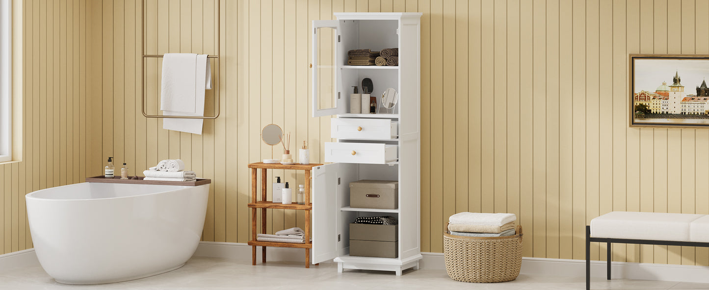 High bathroom storage cabinet with glass door, freestanding, two drawers and adjustable shelves, MDF board, painted white