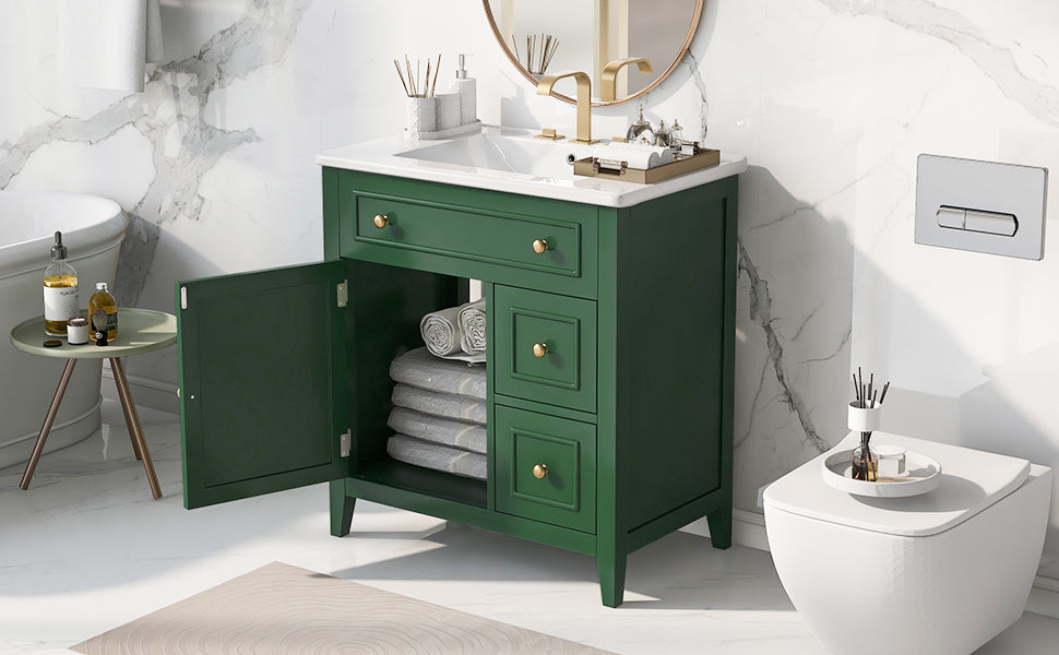 Mueble de baño de 30" con encimera de lavabo, armario de madera maciza con puerta y dos cajones, color verde