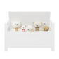 A white rubber wood children's toy box with soft cushioned seats, stools, flip covers, and safety hinges for toy storage