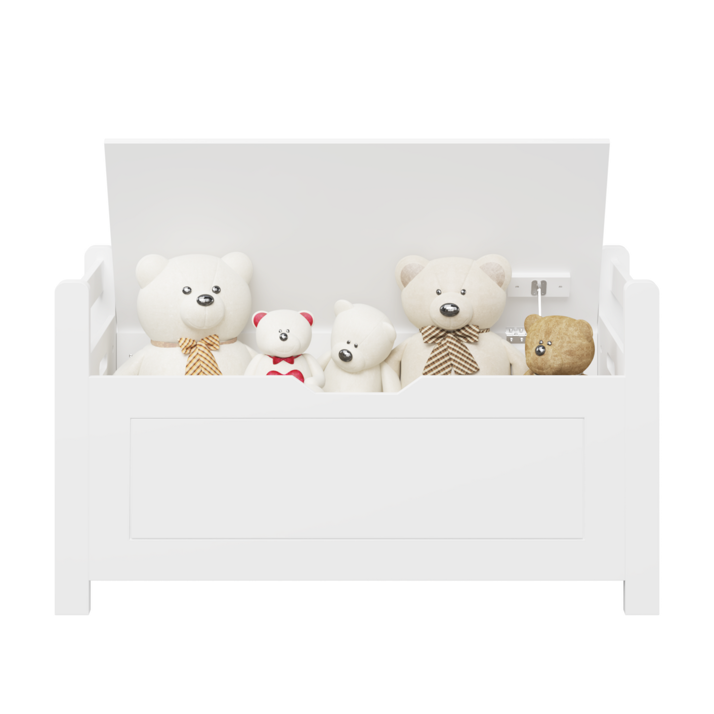 A white rubber wood children's toy box with soft cushioned seats, stools, flip covers, and safety hinges for toy storage